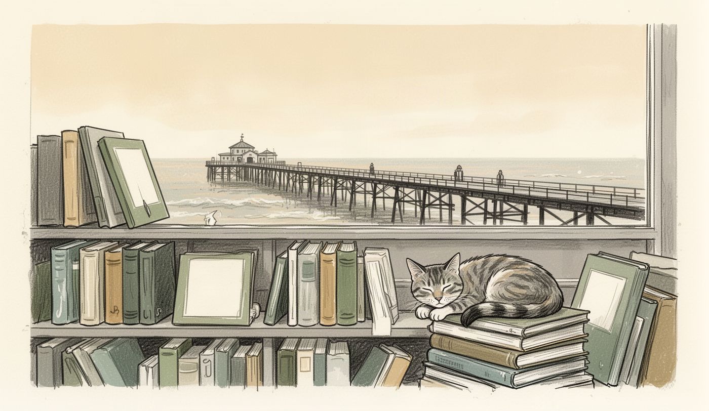 Illustration of a charity shop window in Southend-on-Sea