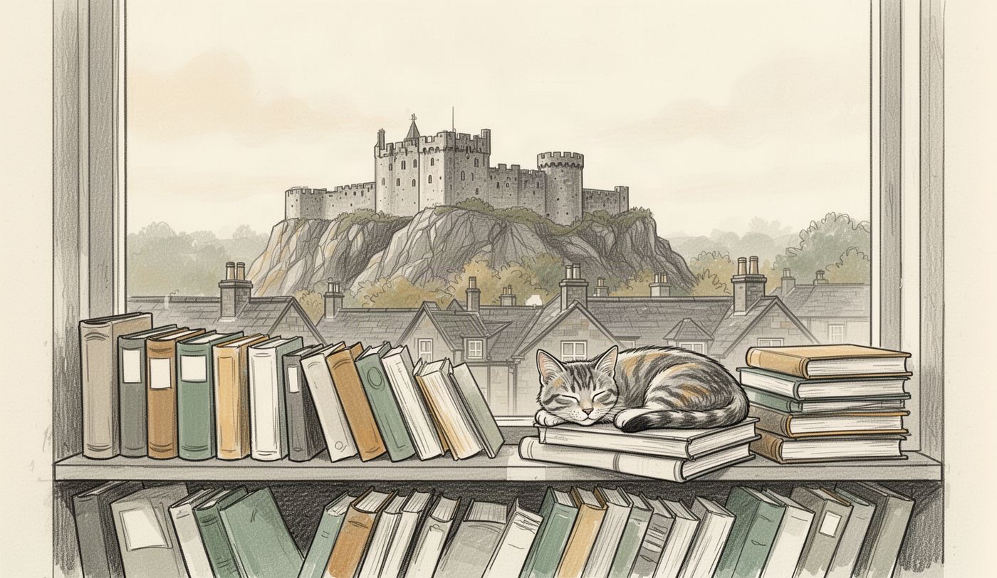 Illustration of a charity shop window in Stirling