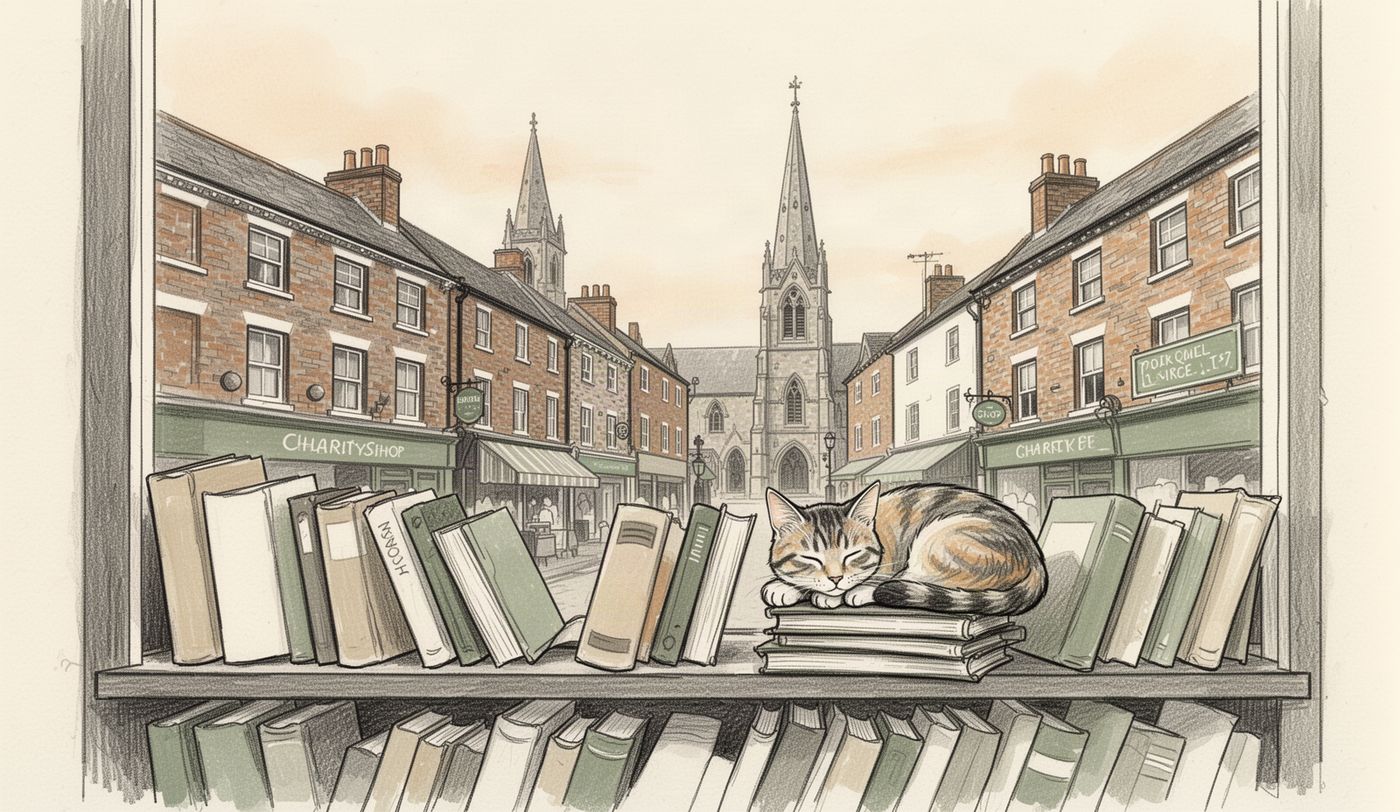 Illustration of a charity shop window in Stockport