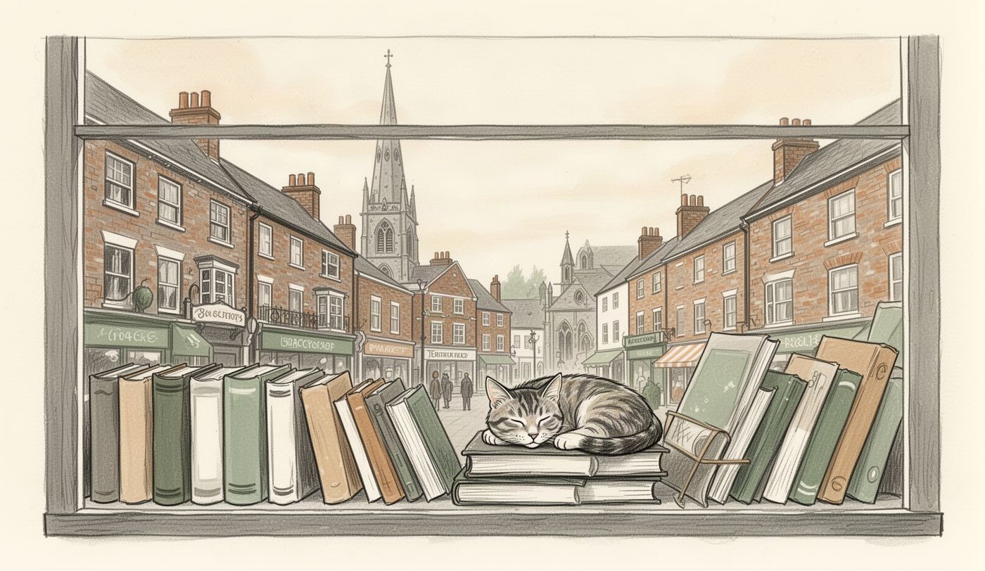 Illustration of a charity shop window in Stoke-on-Trent