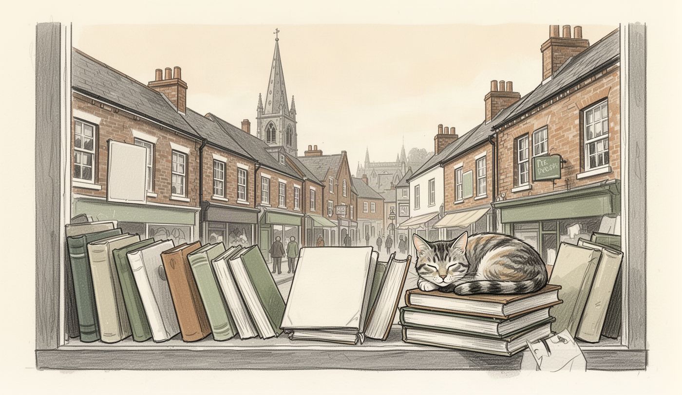 Illustration of a charity shop window in Sunderland
