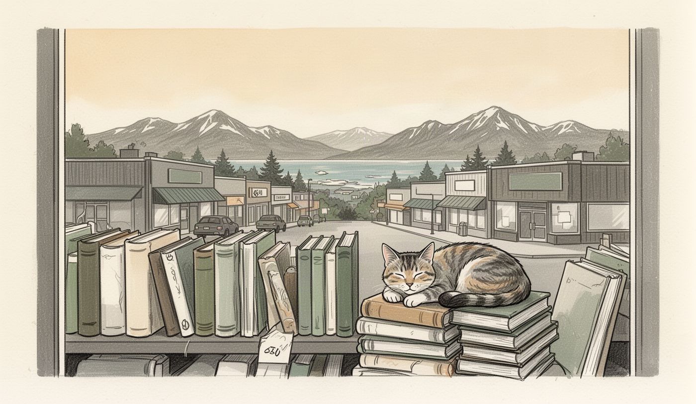 Illustration of a thrift store window in Surrey