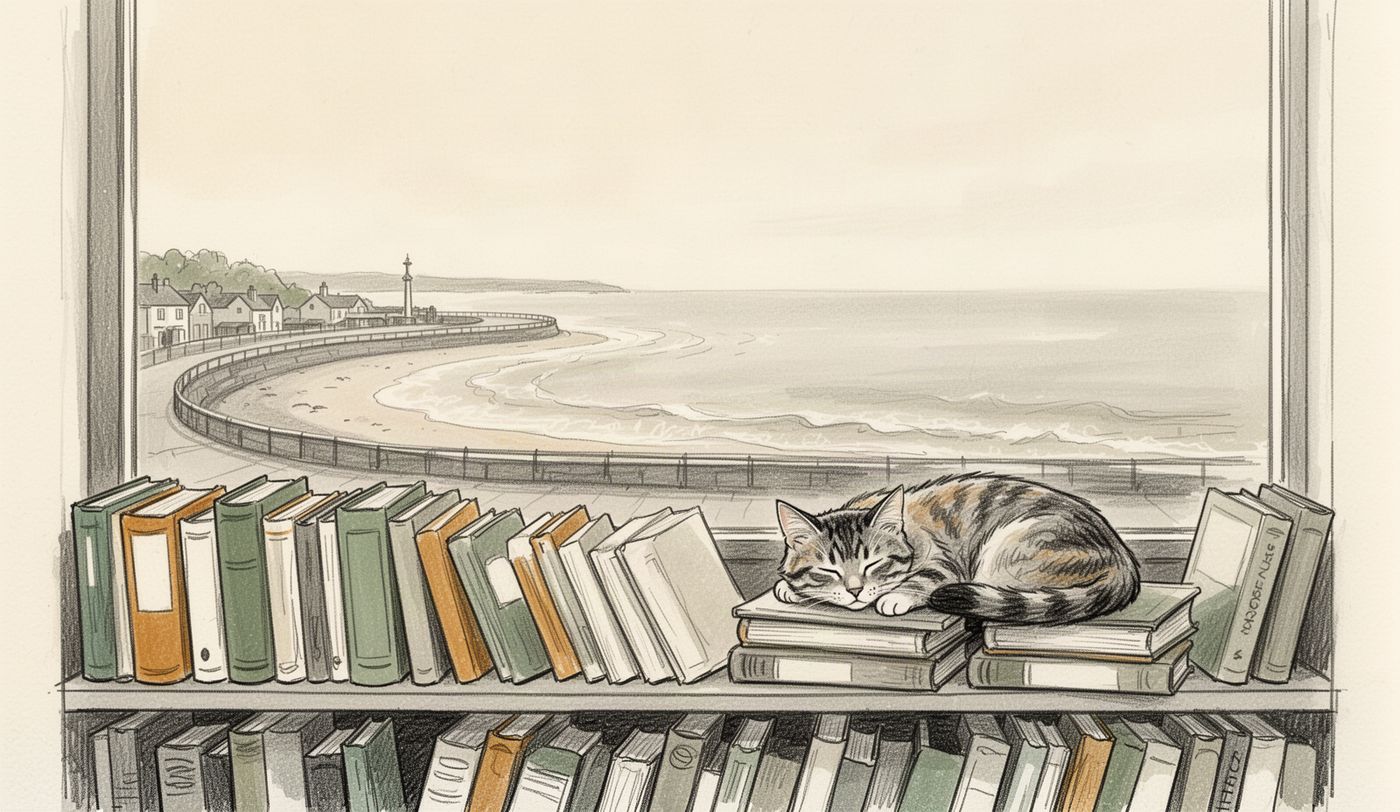 Illustration of a charity shop window in Swansea