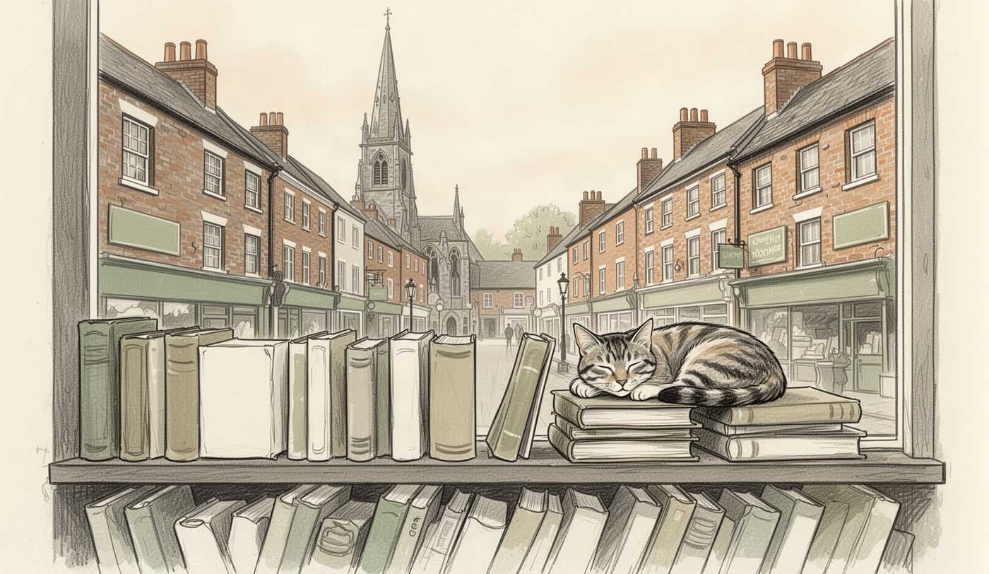 Illustration of a charity shop window in Swindon