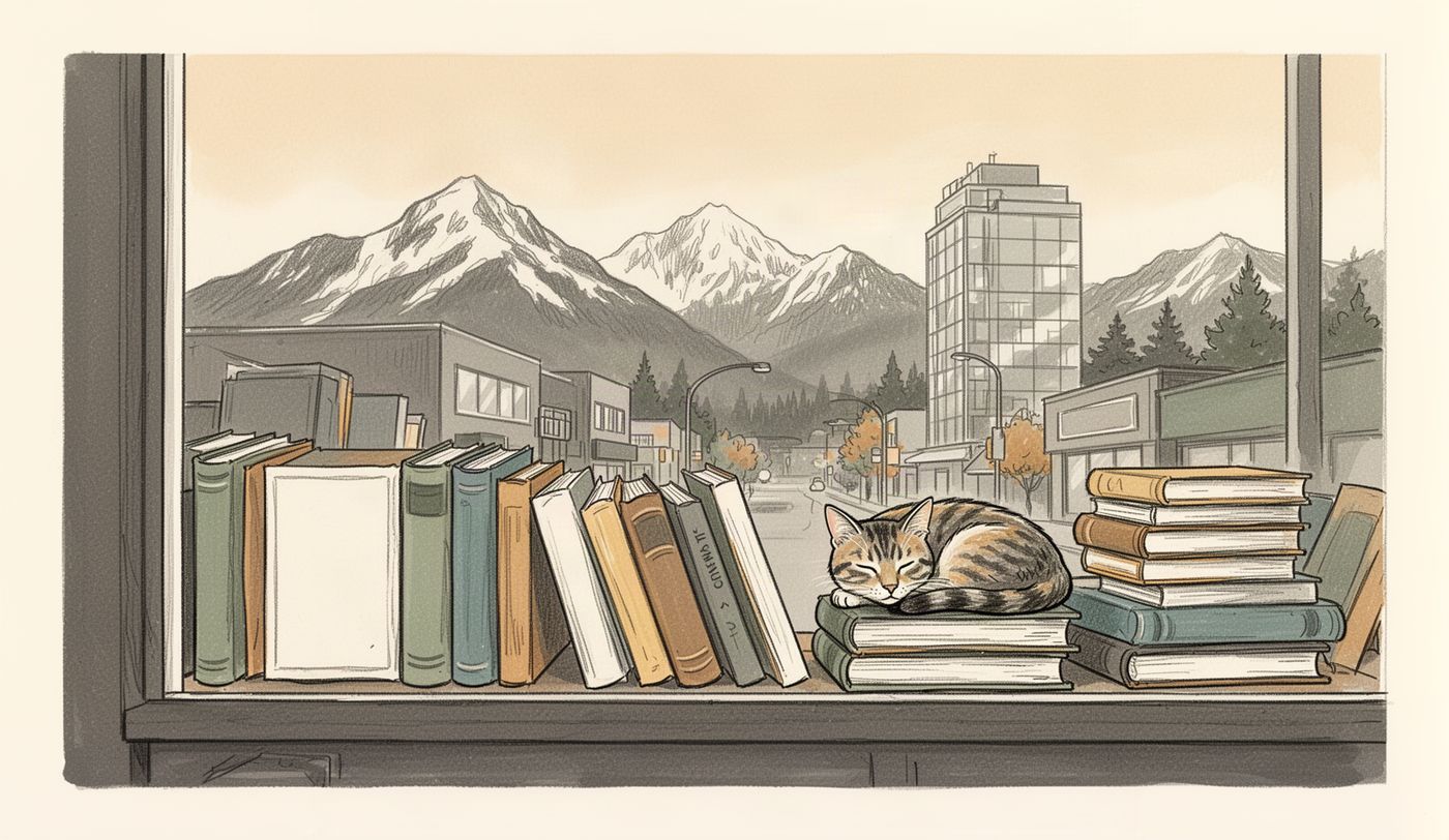 Illustration of a thrift store window in Vancouver