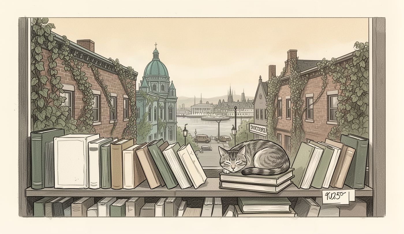 Illustration of a thrift store window in Victoria