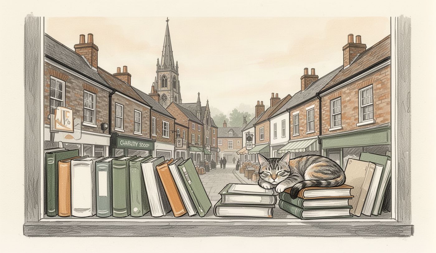 Illustration of a charity shop window in Warrington
