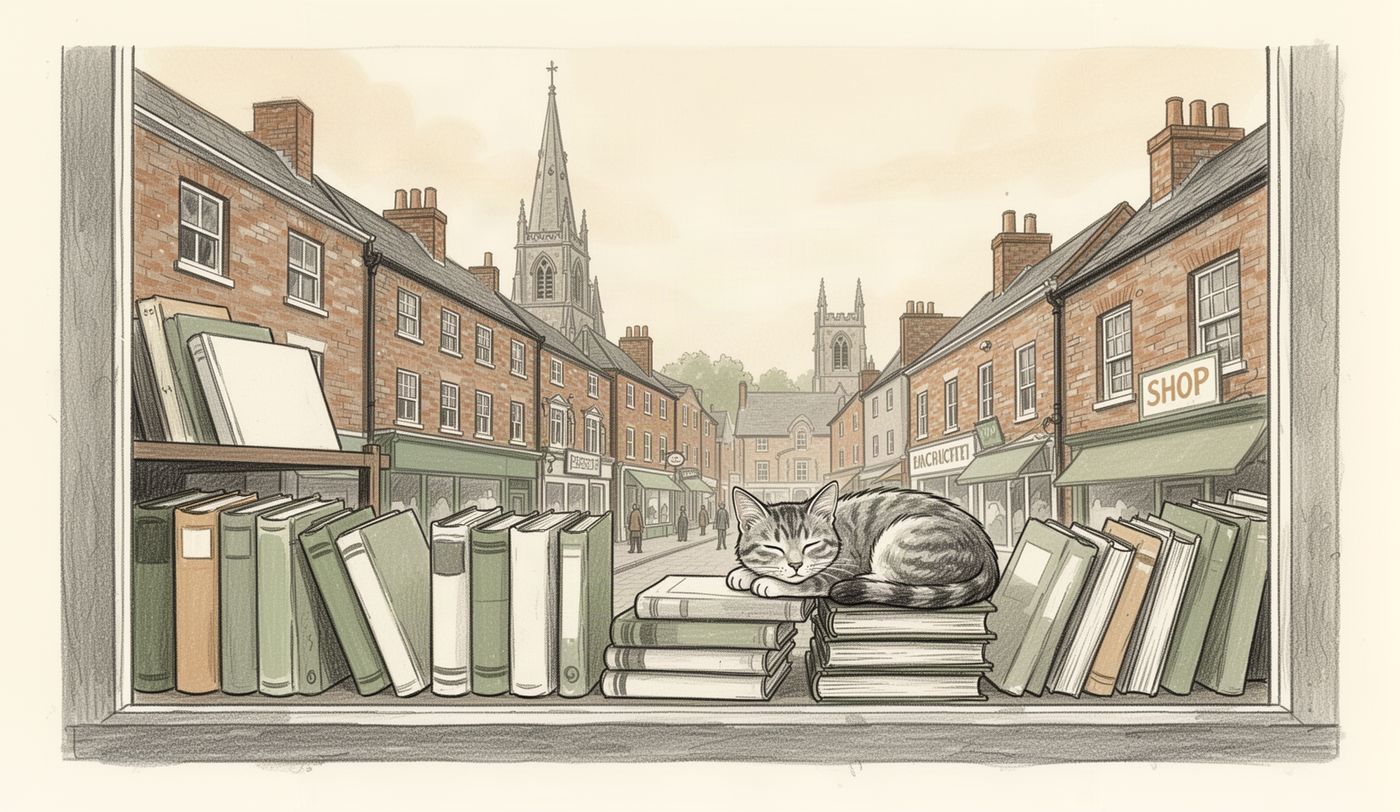 Illustration of a charity shop window in Wigan