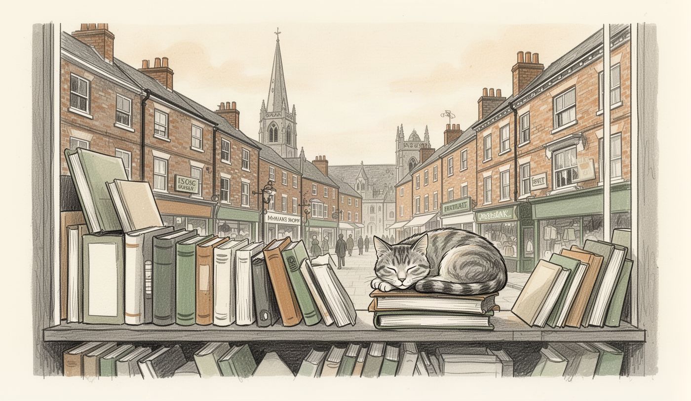 Illustration of a charity shop window in Wolverhampton