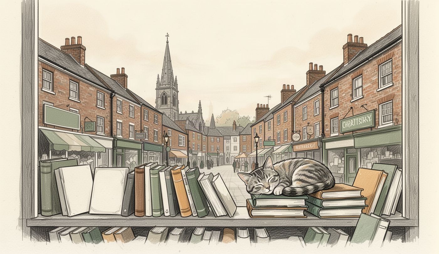 Illustration of a charity shop window in Worthing