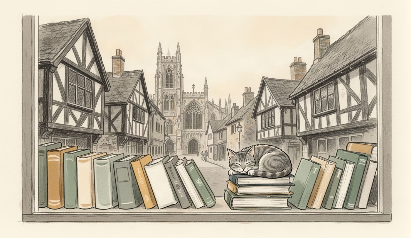 Illustration of a charity shop window in York
